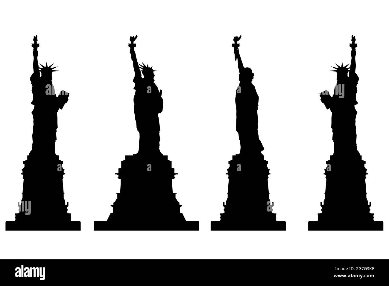 Set con sagome della statua della libertà in diverse posizioni isolate su uno sfondo bianco. Illustrazione vettoriale. Illustrazione Vettoriale