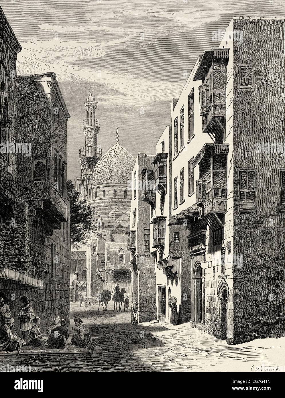 Al-DARB al-Ahmar è uno storico quartiere islamico della capitale egiziana, il Cairo. Egitto, Nord Africa. Antica illustrazione del 19 ° secolo inciso da El Mundo Ilustrado 1880 Foto Stock