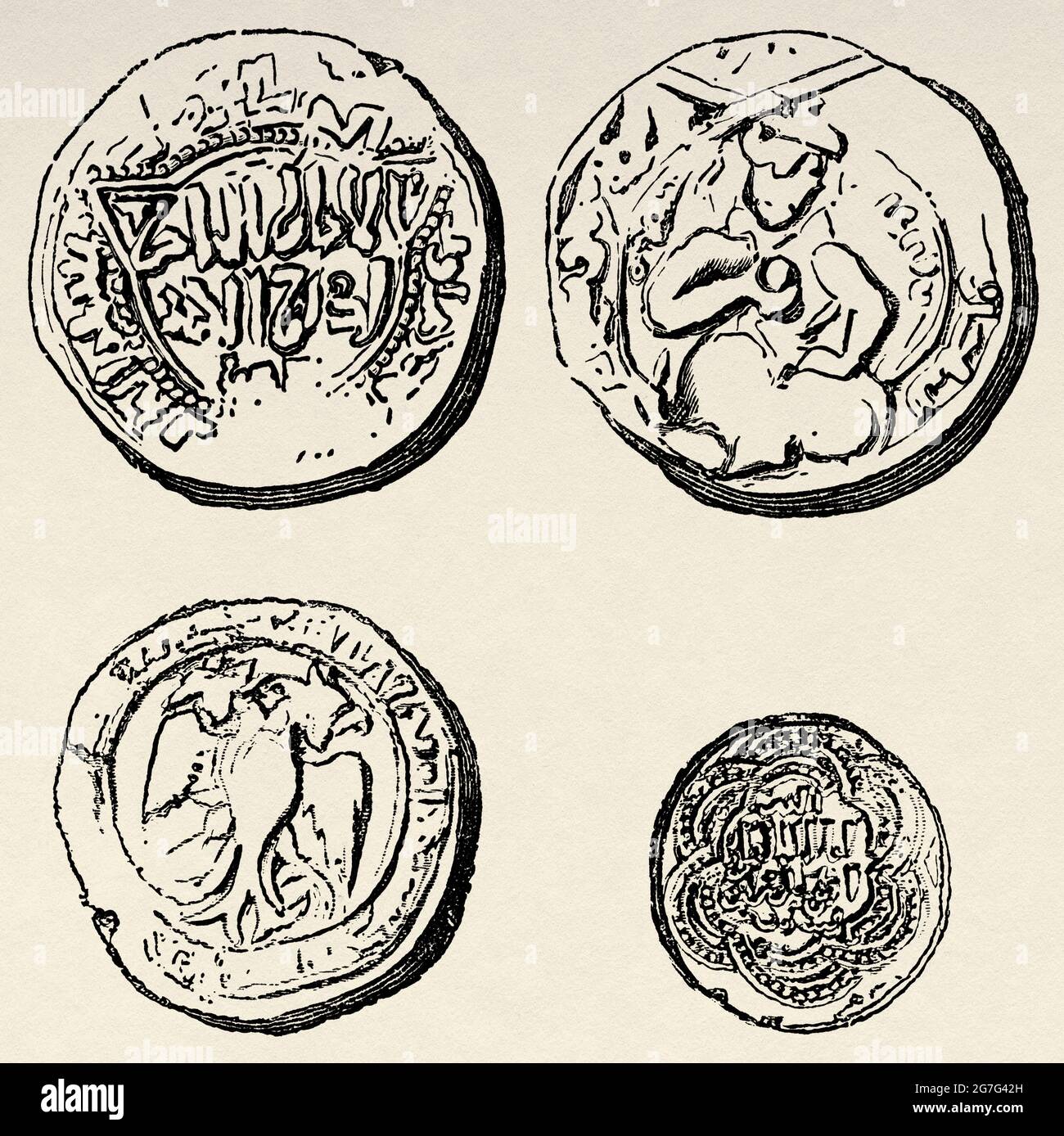 Monete di al-Malik al-Adil, Ayyubid sultan, fratello di Saladino. Egitto, Nord Africa. Antica illustrazione del 19 ° secolo inciso da El Mundo Ilustrado 1880 Foto Stock