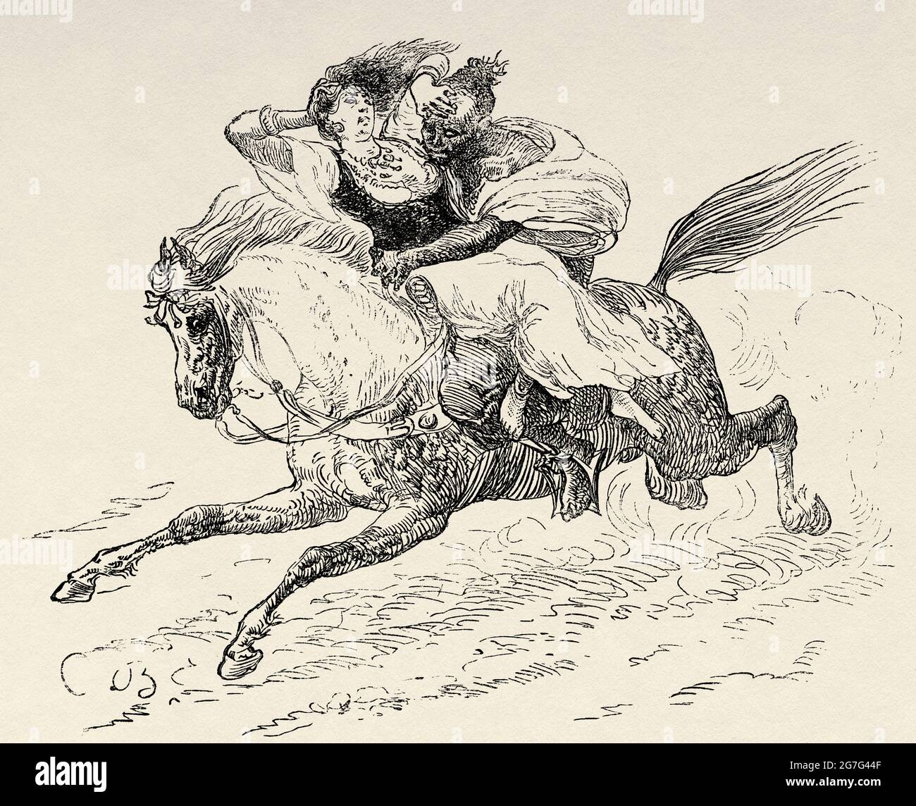 Il rapimento della sposa, noto anche come il rapimento del matrimonio, è una pratica tradizionale. Un uomo che rapisce una donna con l'intenzione di sposarla. Vecchia illustrazione incisa del 19 ° secolo, El Mundo Ilustrado 1880 Foto Stock