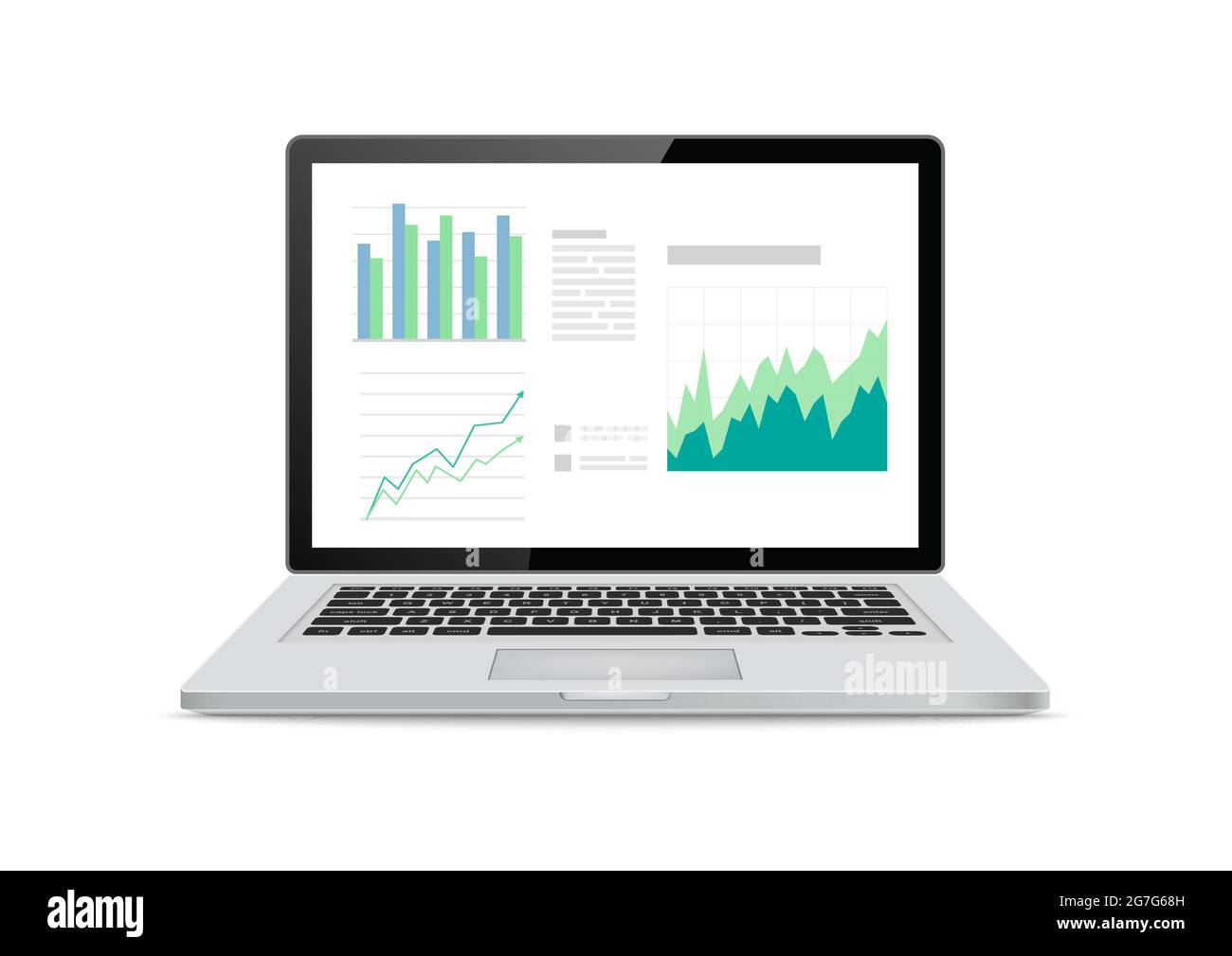 Schermi per laptop con grafici finanziari e grafici su sfondo bianco. Illustrazione vettoriale. Illustrazione Vettoriale