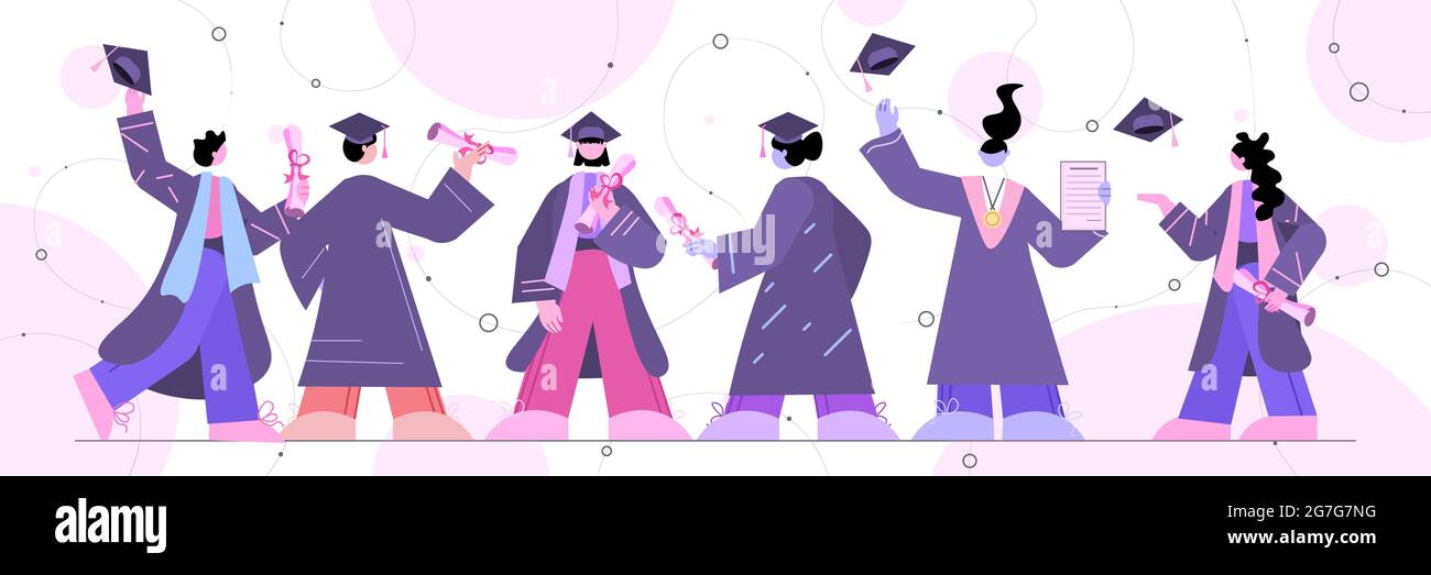 studenti laureati in piedi insieme laureati che celebrano il diploma universitario di laurea Illustrazione Vettoriale