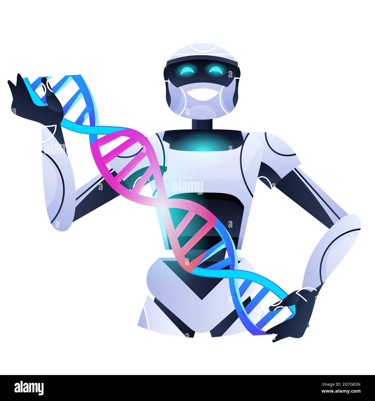 Robot scienziato che detiene DNA spirale ricercatore robotico facendo esperimenti in laboratorio DNA test di diagnosi genetica Illustrazione Vettoriale