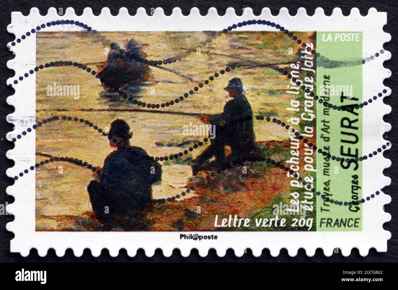 FRANCIA - CIRCA 2013: Un francobollo stampato in Francia mostra pescatori, pittura di Georges Seurat, pittore post-impressionista francese e disegnatore, circa 201 Foto Stock