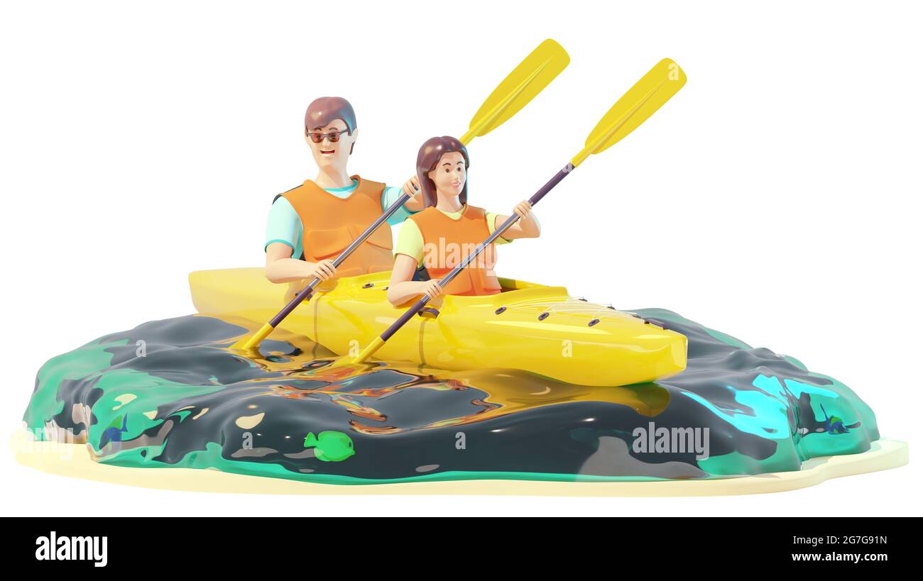 Felice giovane coppia in kayak. Uomo e donna che tengono le pale. Kayak in mare. Vela su canoa o kayak. Attività acquatiche. Vacanze in spiaggia Foto Stock