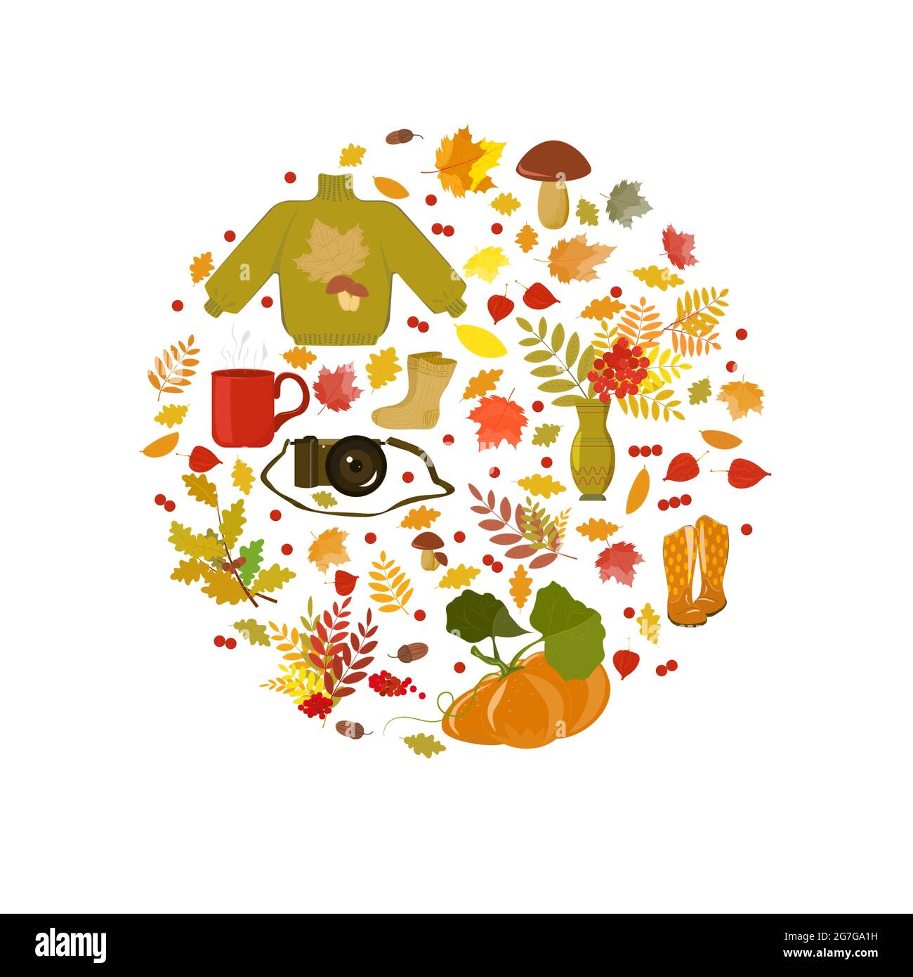 Accessori per un autunno accogliente a forma di cerchio. Un insieme di immagini vettoriali in stile piatto sul tema delle vacanze e delle passeggiate autunnali, una macchina fotografica, abiti caldi Illustrazione Vettoriale