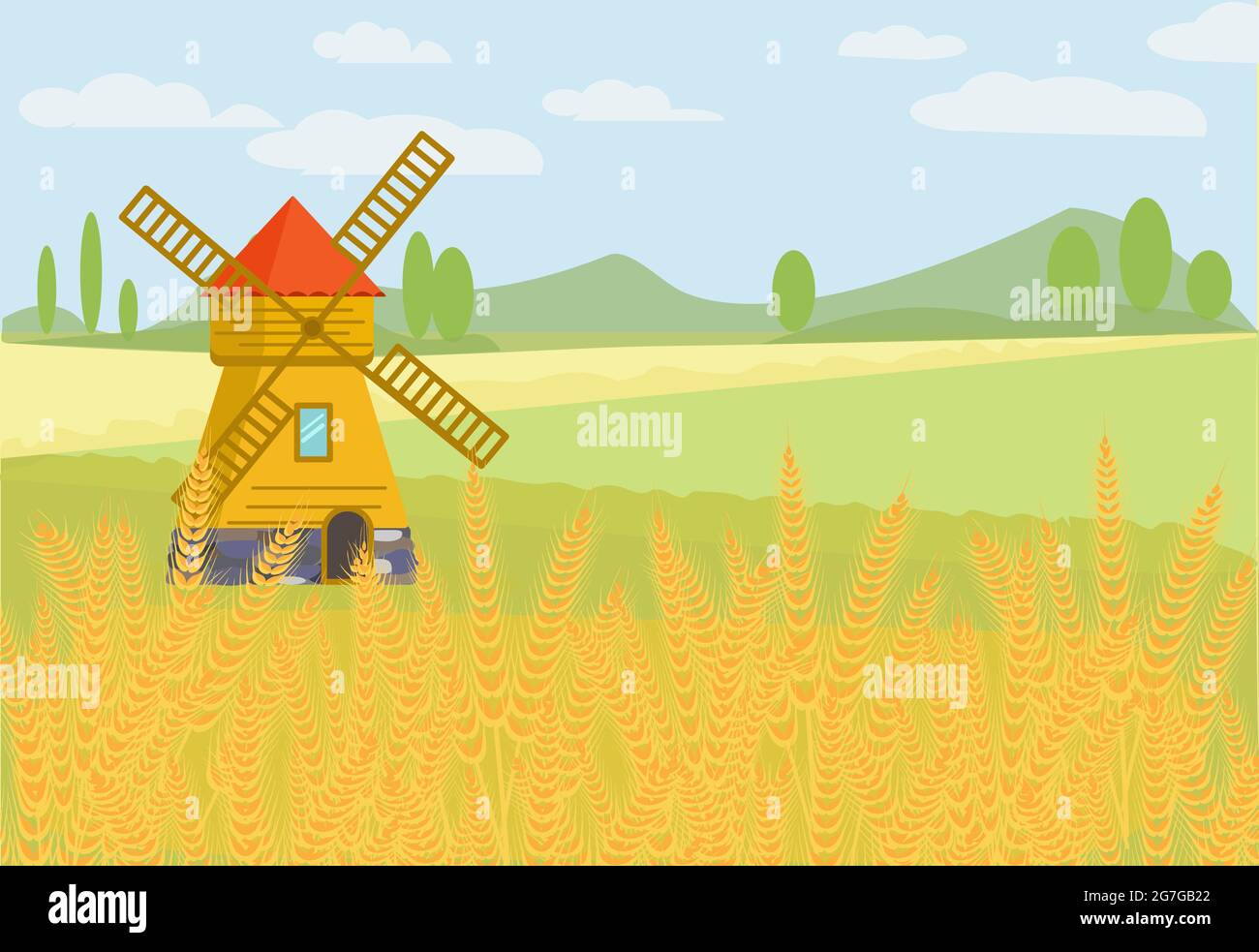 Campo di grano. Paesaggio rurale con un mulino a vento. Illustrazione vettoriale Illustrazione Vettoriale