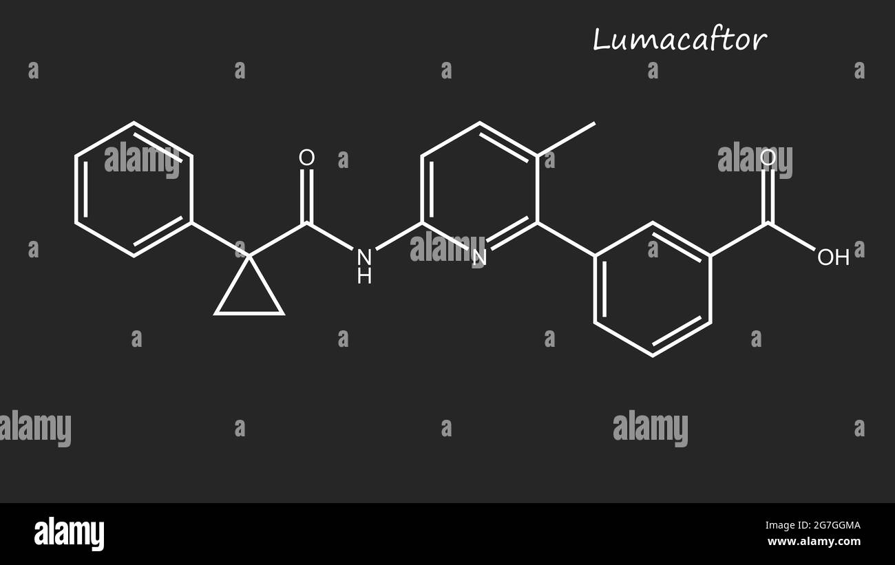 Lumacaftor (VX-809) è un farmaco farmaceutico che agisce come un chaperone durante il ripiegamento delle proteine e aumenta il numero di proteine CFTR Foto Stock