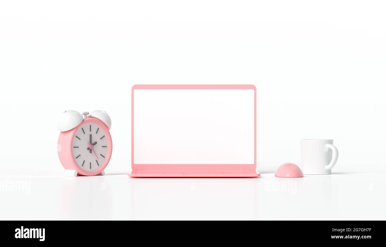 illustrazione 3d scena minima del laptop con schermo bianco vuoto e sveglia, tazza da caffè su sfondo bianco Foto Stock