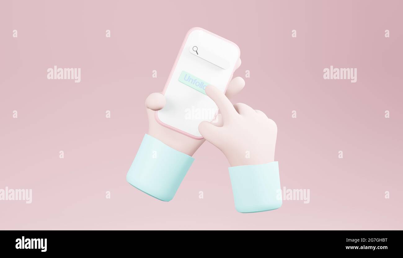 Lo smartphone 3D che tiene la mano sta premendo il concetto di "non seguire" Foto Stock