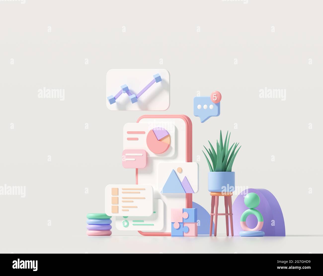 Sviluppo minimo di app mobili 3D e concetto di web design mobile, ottimizzazione dell'interfaccia utente. Illustrazione del rendering 3D Foto Stock