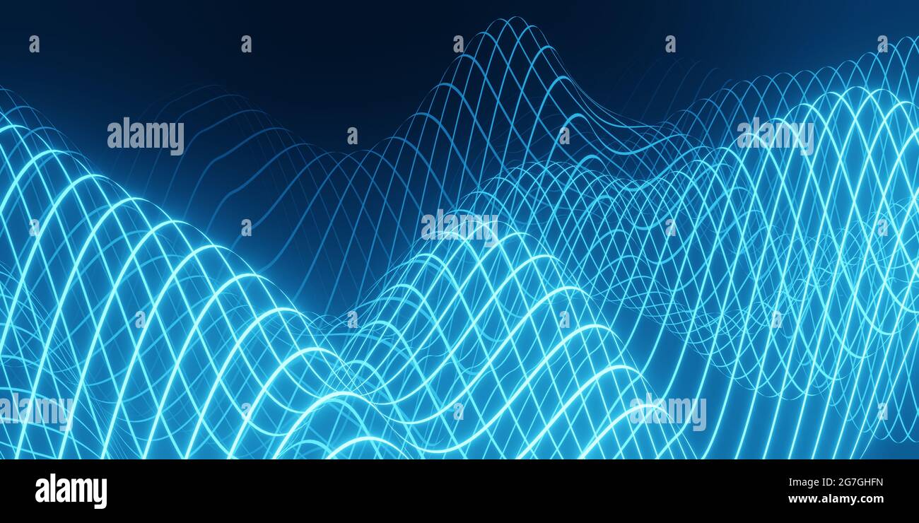 rendering 3d di uno sfondo astratto con un'onda blu di particelle fluenti su linee di forma curve scure e uniformi Foto Stock