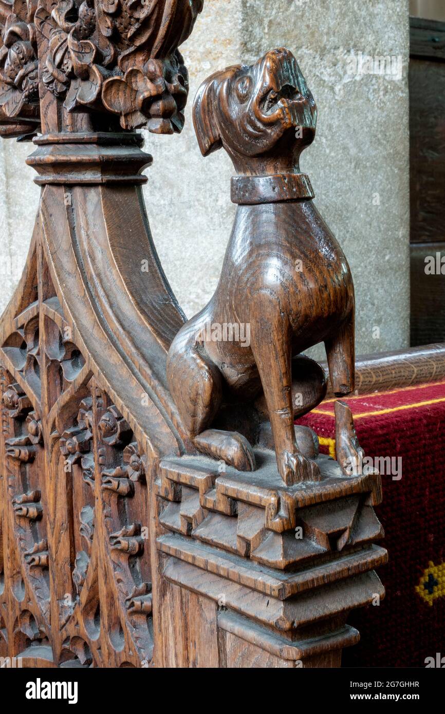 Scolpito panca plancare dettaglio finale di cane baying, St Mary's Church, Dennington, Suffolk, Regno Unito Foto Stock