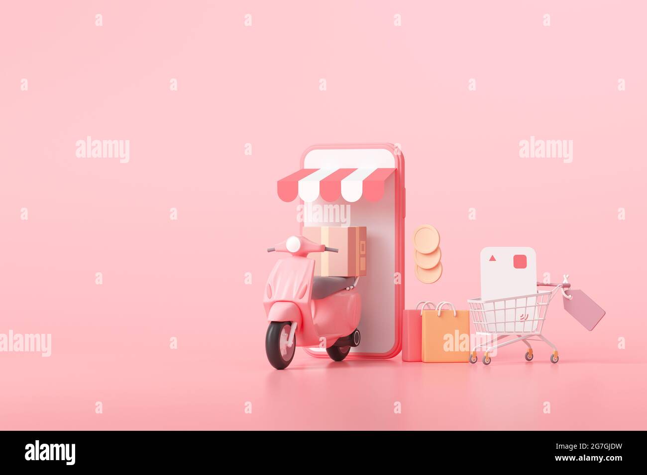 Concetto di servizio di consegna rapida 3D. Shopping online e spedizione  gratuita su sfondo rosa. Illustrazione del rendering 3D Foto stock - Alamy