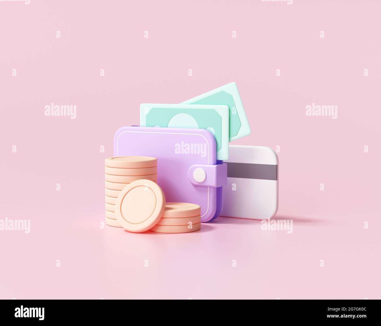 Concetto di icona di risparmio di denaro in 3D. Portafoglio, bolletta, pila  di monete e carta di credito su sfondo rosa, illustrazione di rendering 3d  Foto stock - Alamy
