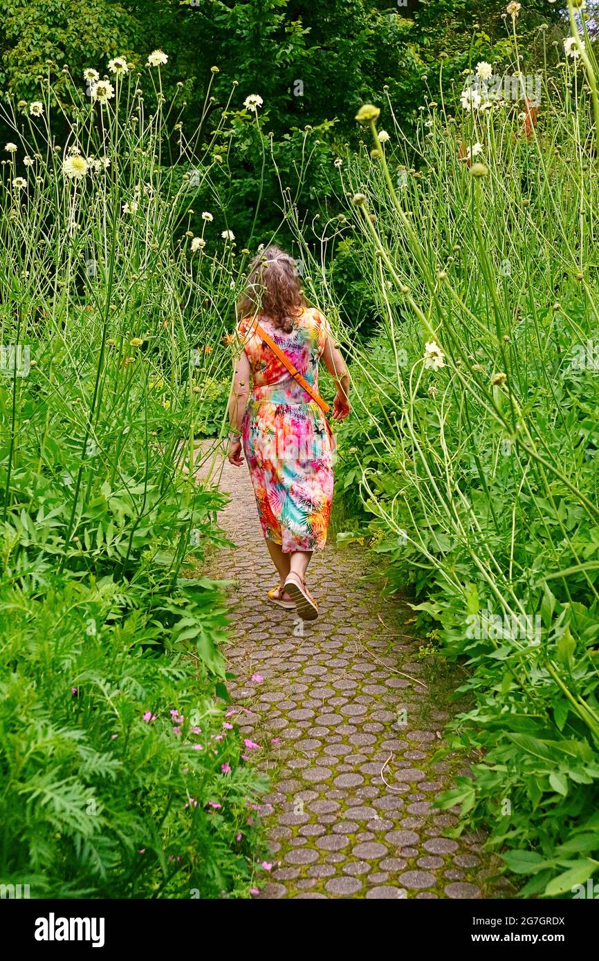 Donna in un vestito estivo colorato che cammina attraverso un letto fiorito, Germania Foto Stock