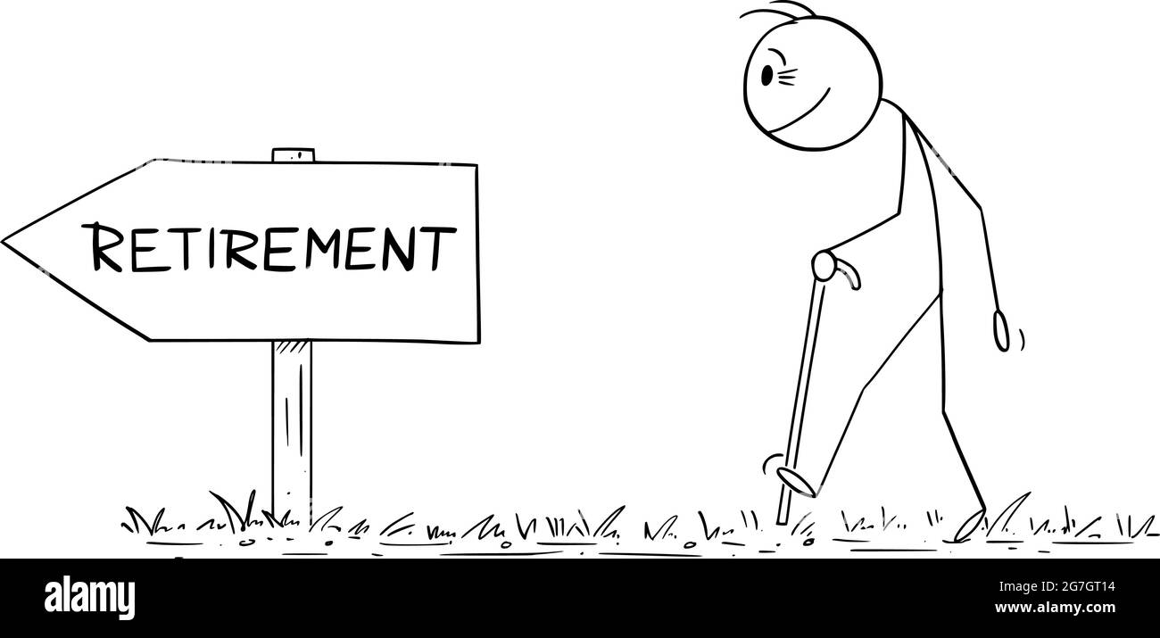 Lavoratore della vecchia età con bastone che segue la direzione del segno della freccia di ritiro, illustrazione del bastone del cartoon del vettore Illustrazione Vettoriale