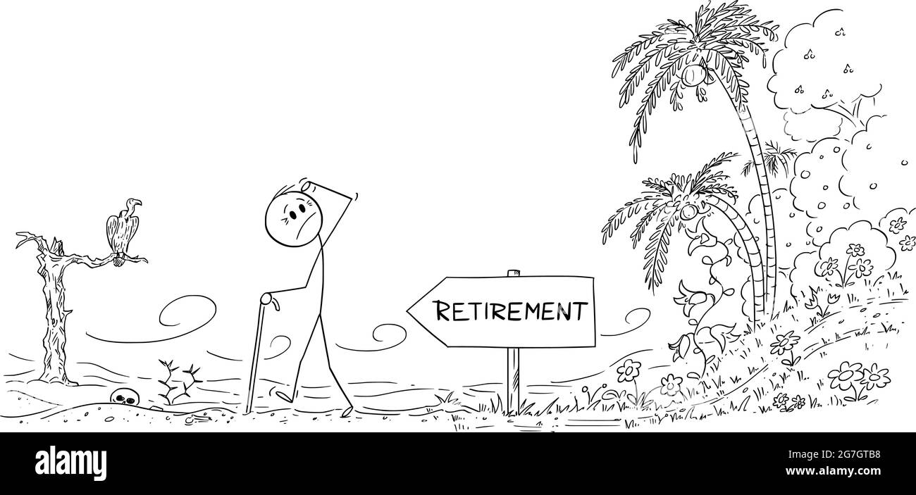 Anziano lavoratore che cammina al pensionamento lasciando la vita in paradiso per la vita nel deserto, Vector Cartoon Stick Figura Illustrazione Illustrazione Vettoriale