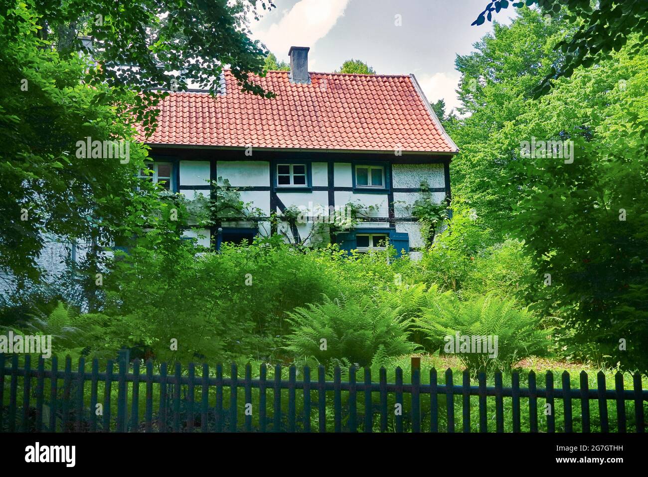 Casa in legno e palisade recinto, artisti casa al Romberg Park, Germania, Nord Reno-Westfalia, Ruhr Area, Dortmund Foto Stock