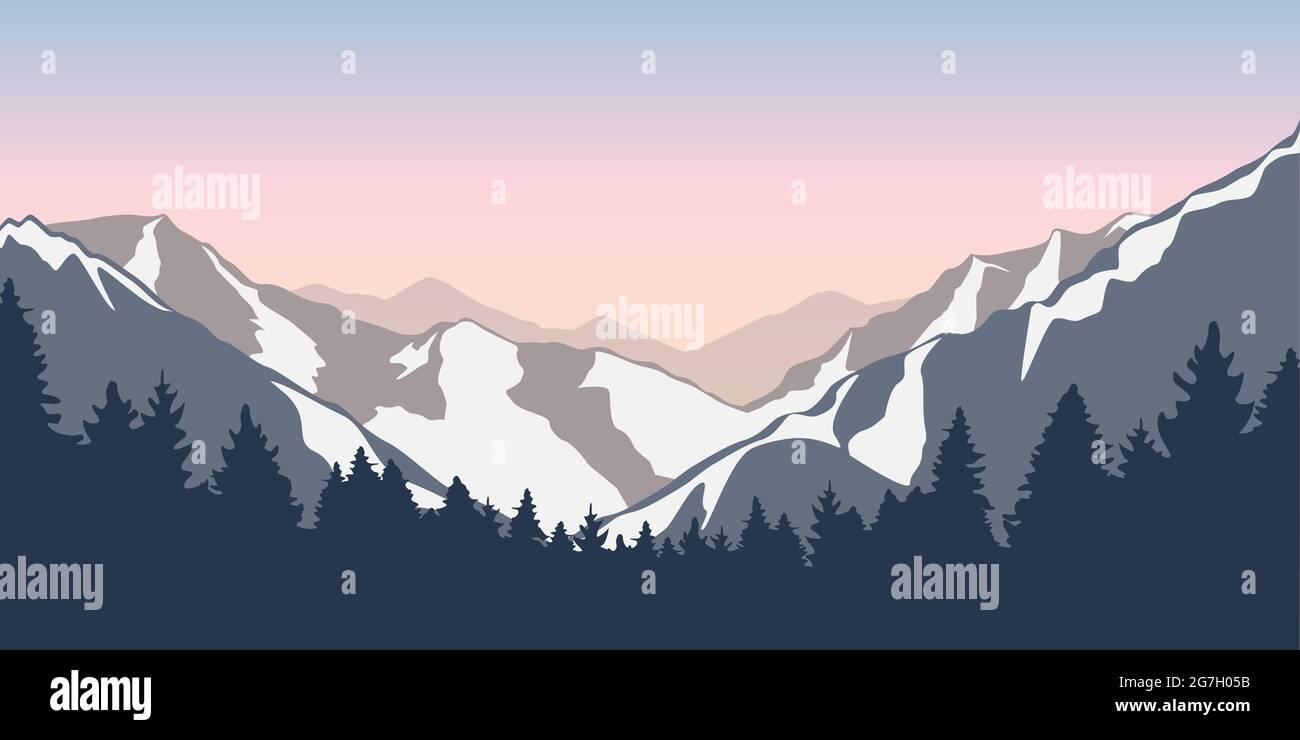 wanderlust montagne innevate e boschi blu paesaggio invernale Illustrazione Vettoriale