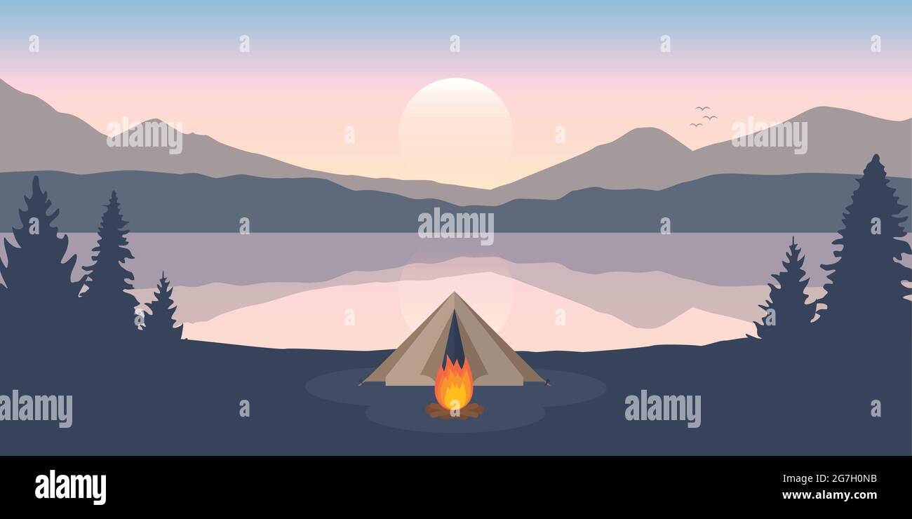 wanderlust campeggio avventura tenda sulla montagna foresta paesaggio vicino al lago Illustrazione Vettoriale
