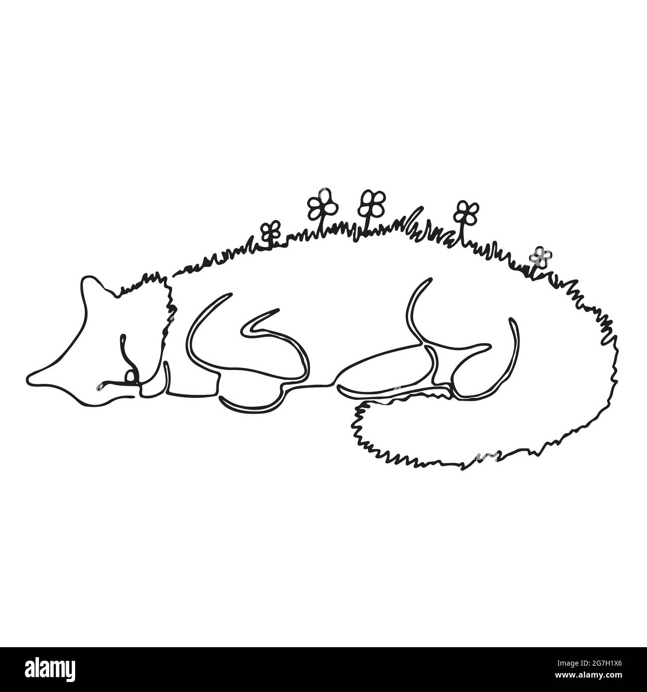 Il gatto dei prati addormentati viene disegnato con una linea continua. Illustrazione vettoriale di stock isolato Illustrazione Vettoriale