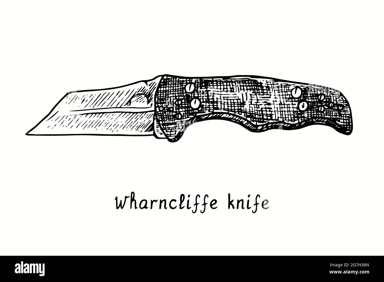 Tipo di coltello Wharncliffe. Illustrazione del disegno in bianco e nero con inchiostro Foto Stock