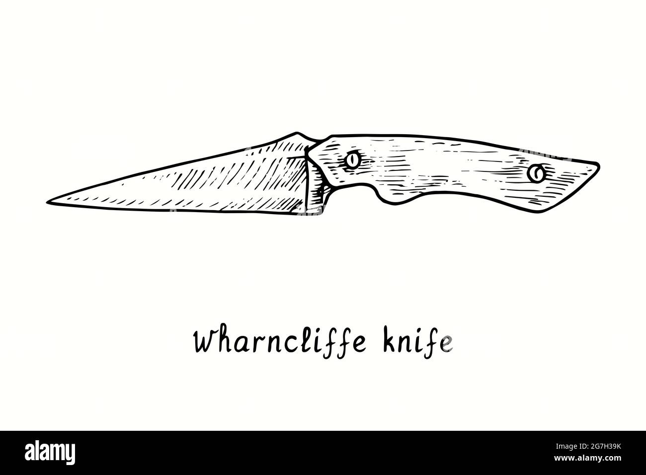 Tipo di coltello Wharncliffe. Illustrazione del disegno in bianco e nero con inchiostro Foto Stock