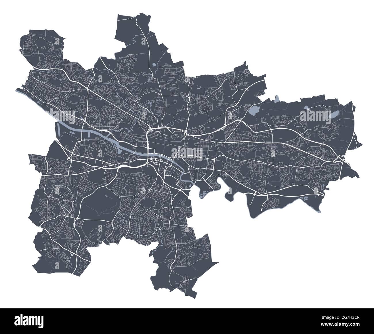 Mappa di Glasgow. Mappa vettoriale dettagliata dell'area amministrativa della città di Glasgow. Poster del paesaggio urbano vista aria metropolitana. Terra scura con strade bianche, strade e. Illustrazione Vettoriale