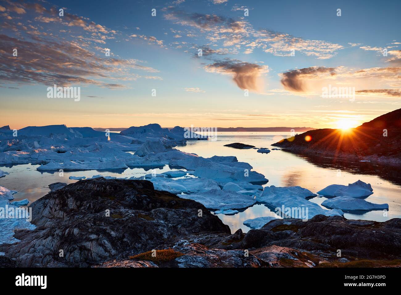 Alba sopra il fiordo di Ilulissat in Groenlandia Foto Stock
