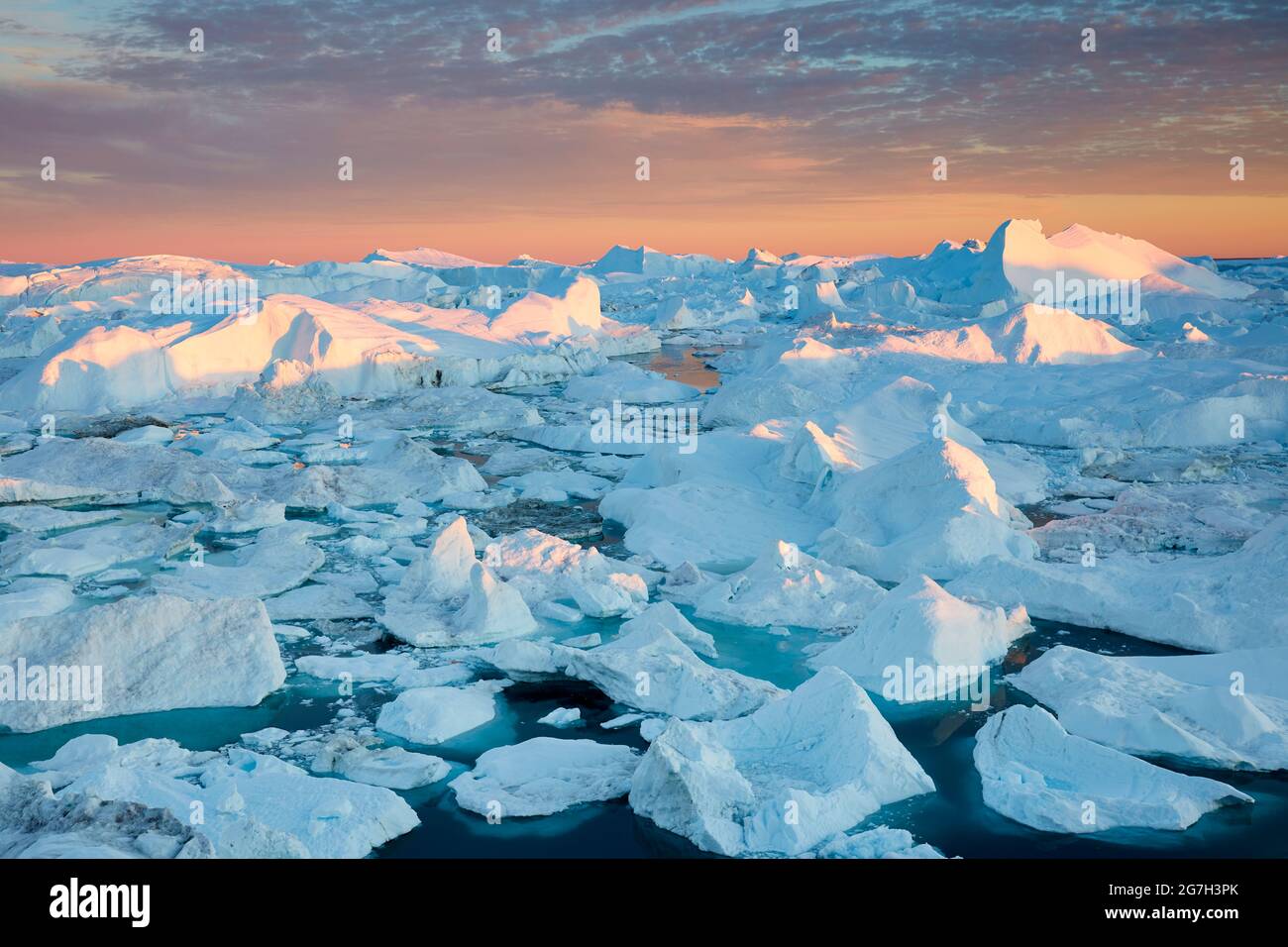 Alba sopra il fiordo di Ilulissat in Groenlandia Foto Stock