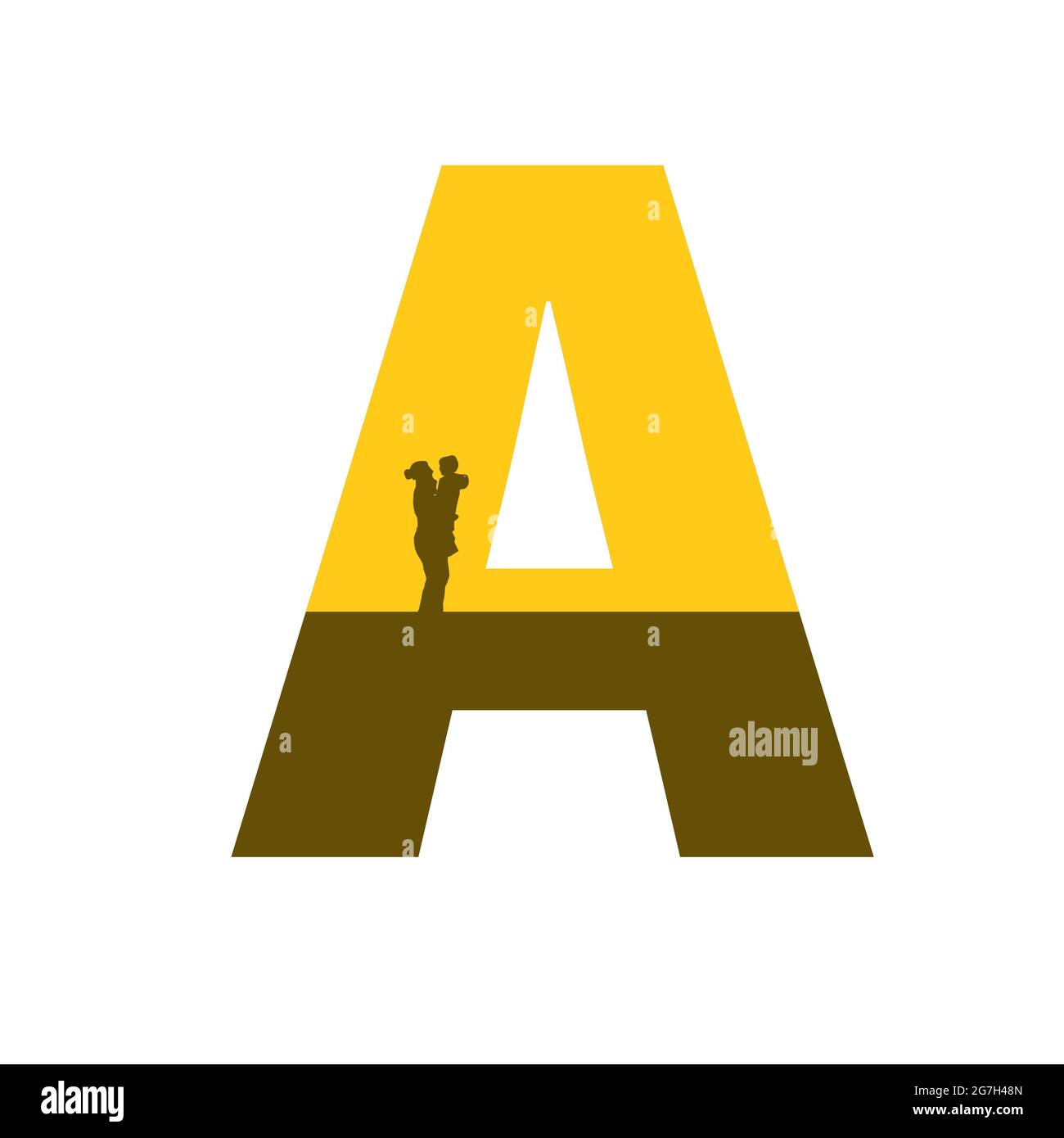 Lettera A dell'alfabeto fatta con una silhouette di madre con bambino sul braccio, di colore ocra e marrone, isolata su sfondo bianco Foto Stock