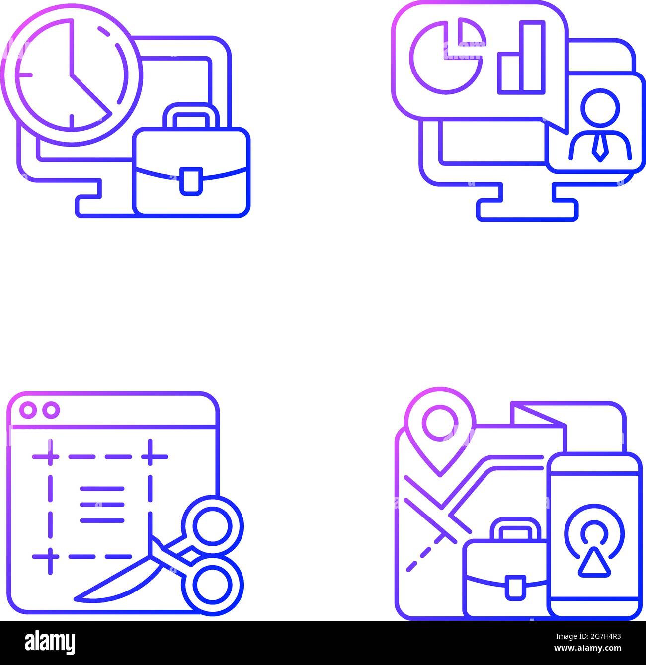 Set di icone vettoriali lineari di gradiente per il monitoraggio del lavoro remoto Illustrazione Vettoriale