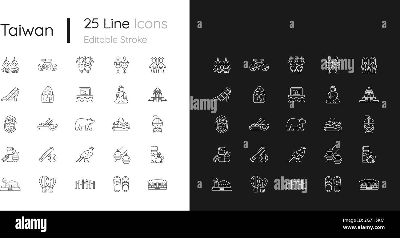 Icone lineari Taiwan impostate per la modalità chiara e scura. Illustrazione Vettoriale