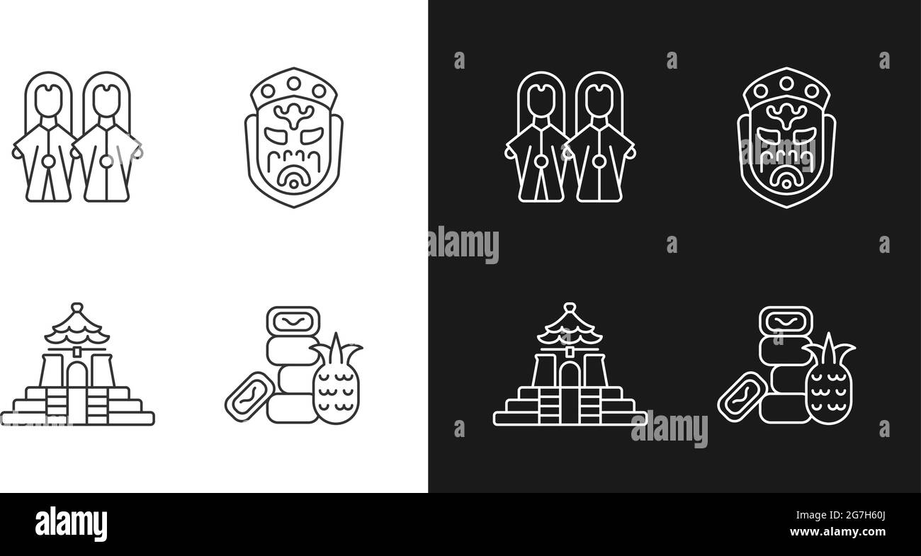 Icone lineari bianche cerimoniali asiatiche impostate per il tema scuro. Illustrazione Vettoriale