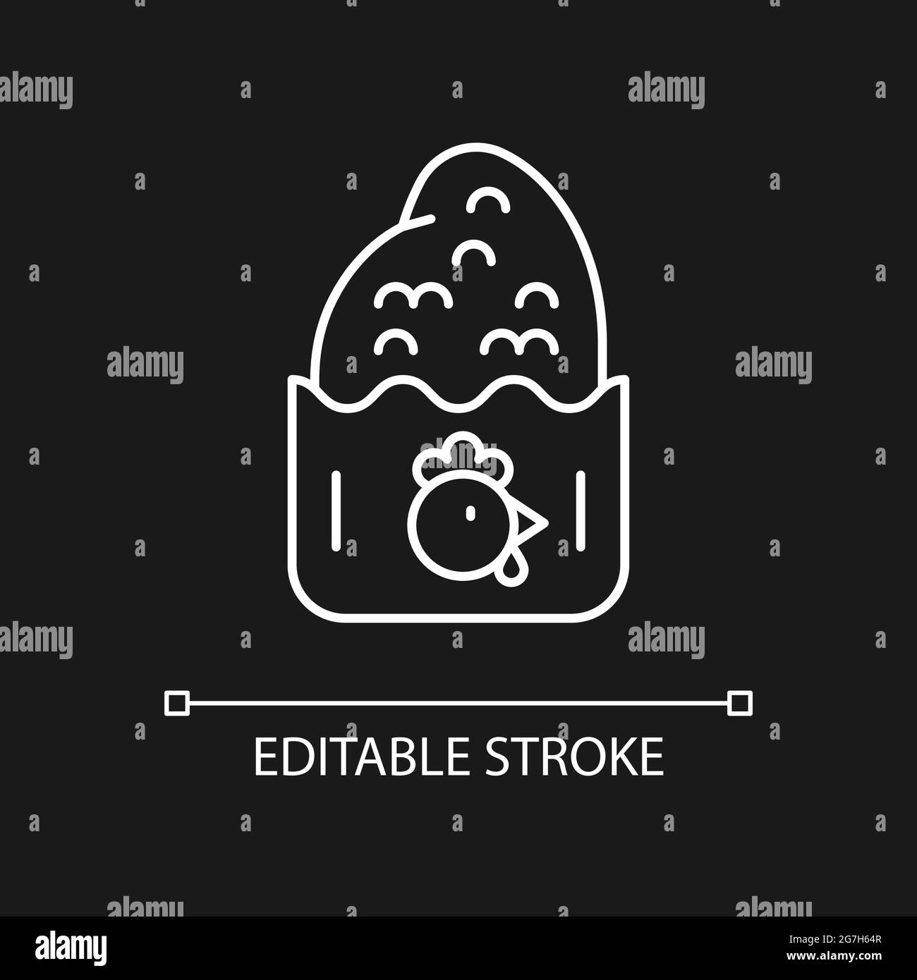 Icona lineare bianca con cotoletta di pollo croccante per un tema scuro. Illustrazione Vettoriale