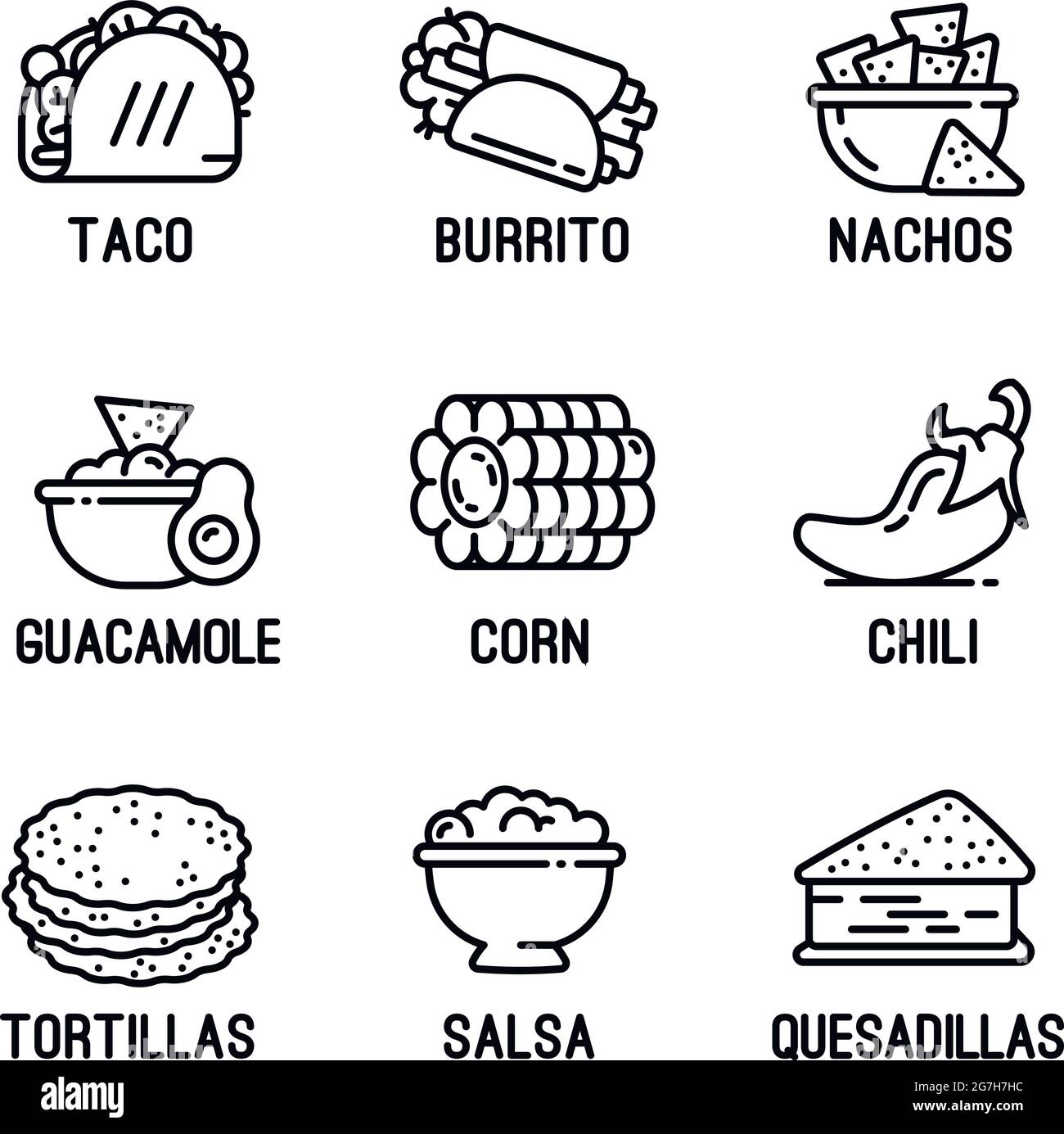 Set di icone del cibo messicano. Insieme di icone vettoriali di cibo messicano per il web design isolato su sfondo bianco Illustrazione Vettoriale