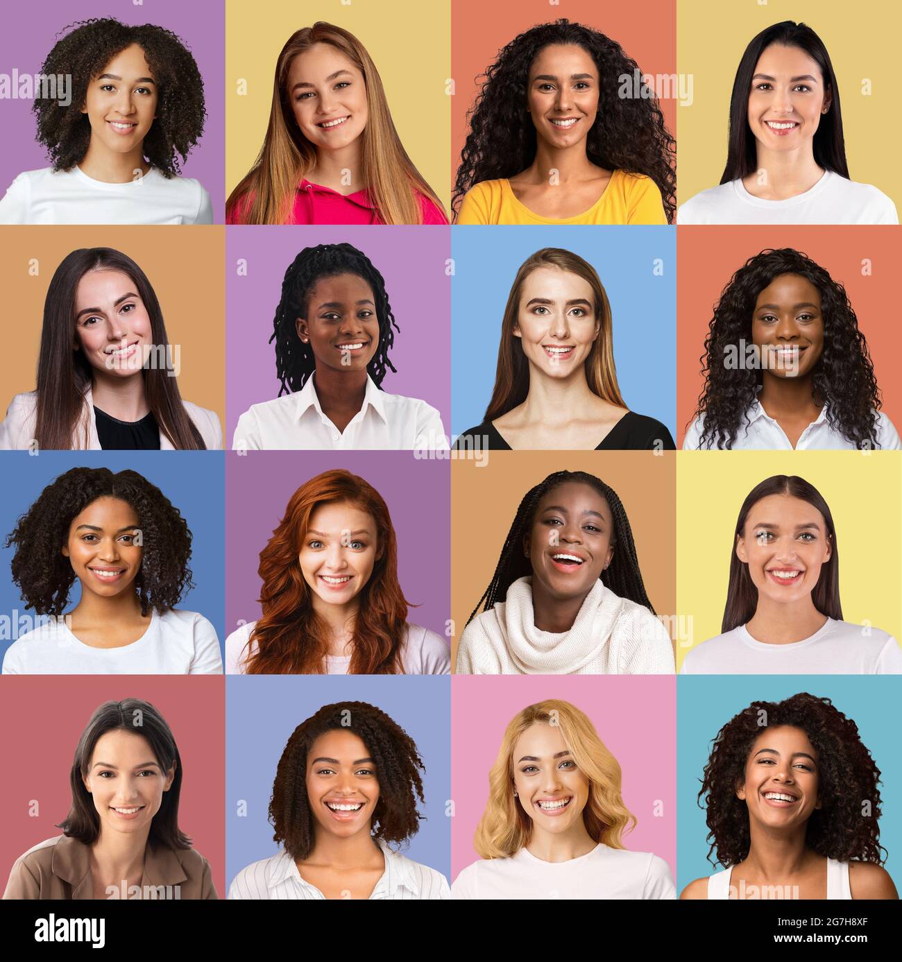 Avatar di giovani donne positive sorridenti allegri alla telecamera su  diversi sfondi colorati studio, immagine creativa per associazione  femminile. Femmina st Foto stock - Alamy
