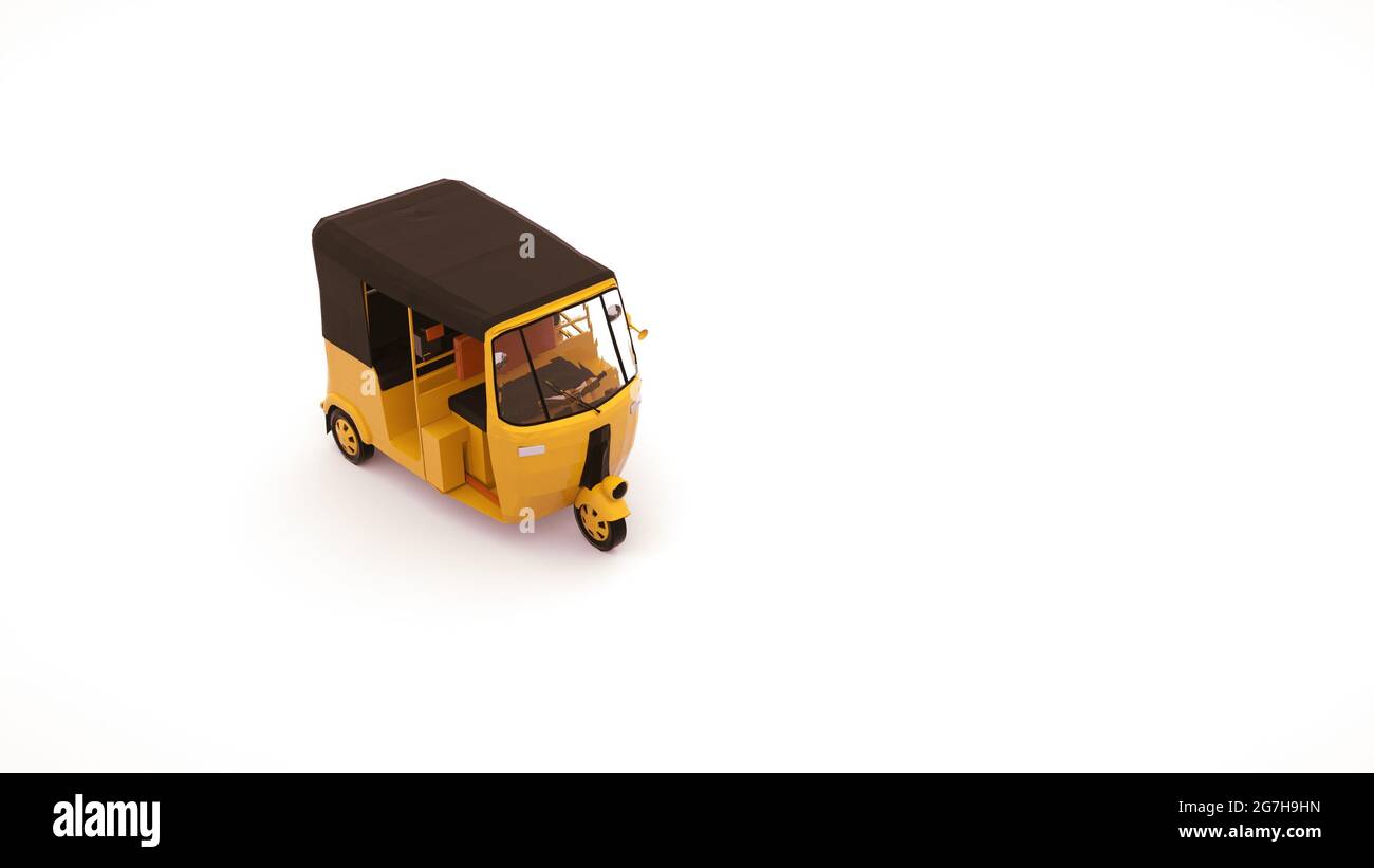 Tuk tuk auto per il trasporto di persone in asia. illustrazione 3d di un risciò per auto, elemento isolato su sfondo bianco. Foto Stock