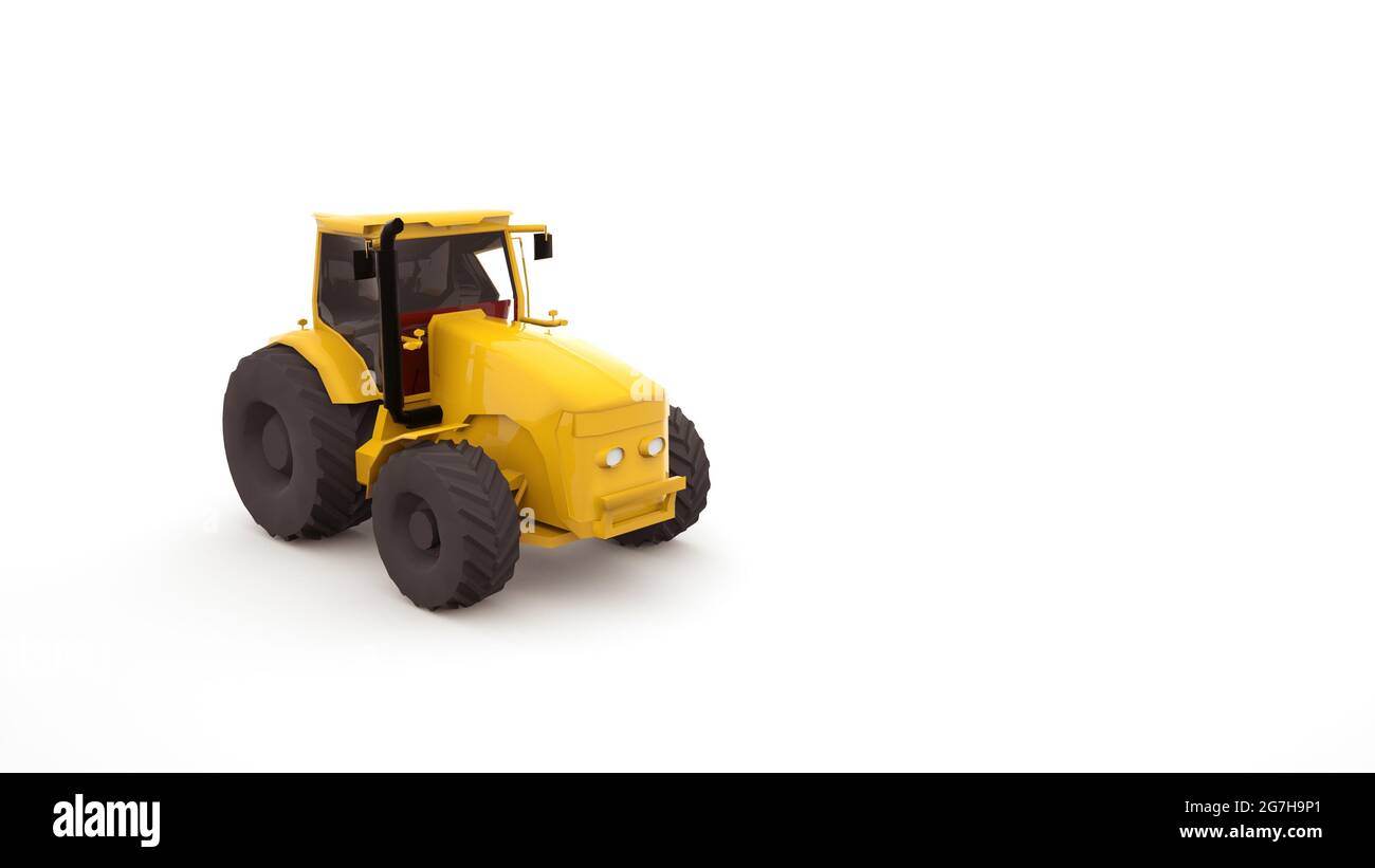Trattore giallo con ruote grandi. Macchine agricole, macchine industriali. immagine 3d. Oggetto di illustrazione isolato su sfondo bianco. Foto Stock