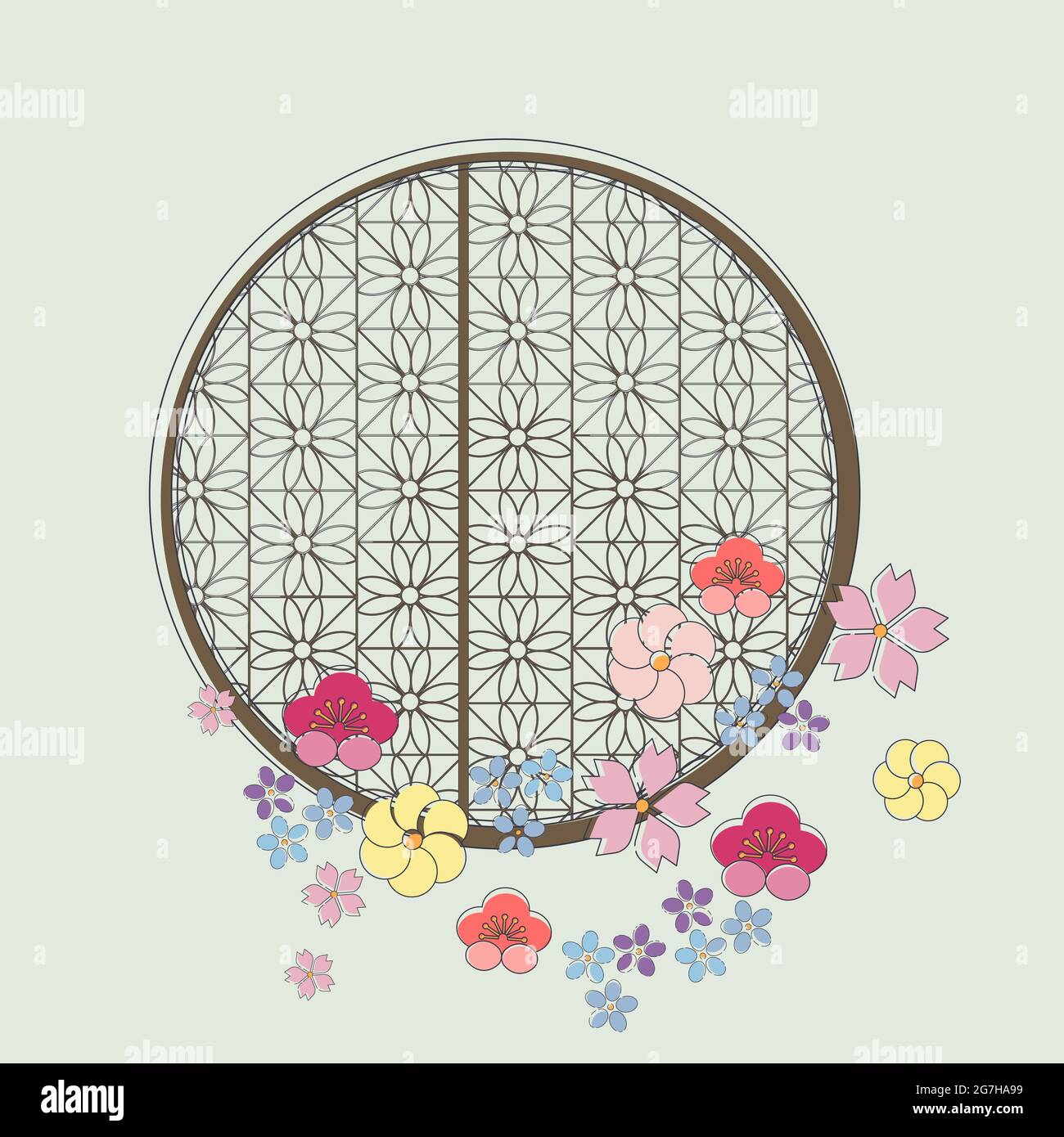 Finestra cinese tradizionale. Cornice rotonda in fiori. Vettore. Illustrazione per scheda, poster, striscione. Design romantico e carino. Illustrazione Vettoriale