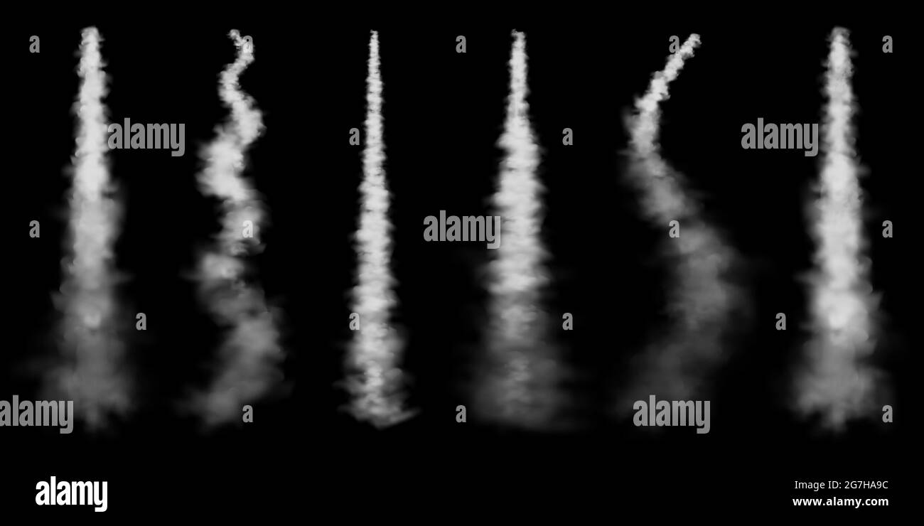 Percorsi realistici di condensazione in aereo. Lancio del razzo spaziale. Missile o bullet trail. Piste per aerei a reazione. Nuvole di fumo bianche, nebbia. Flusso di vapore. Vettore Illustrazione Vettoriale
