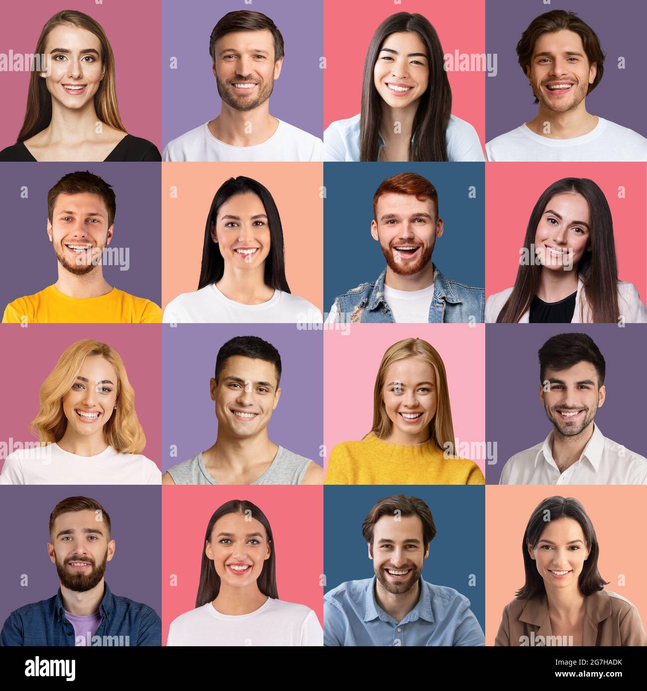 Sorridenti giovani uomini e donne di varie nazionalità, set di ritratti closeup su sfondi colorati, immagine creativa. Stili di vita delle persone, diversi in Foto Stock