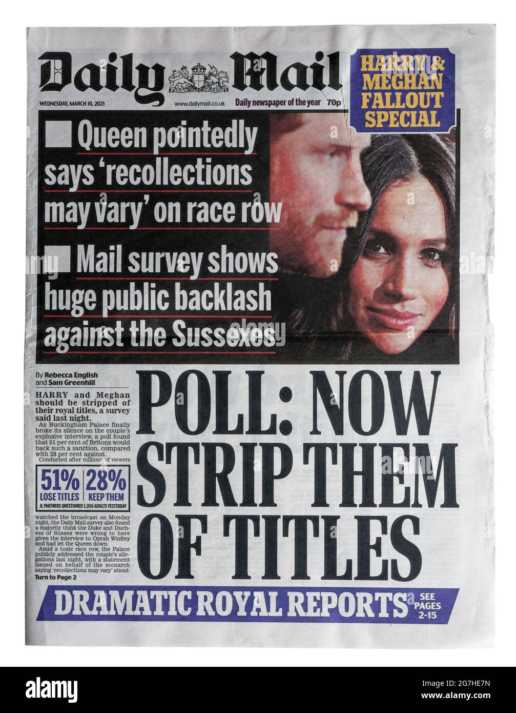La prima pagina del Daily Mail con il titolo Strip loro titoli sul duca e duchessa di Sussex intervista con Oprah nel marzo 2021 Foto Stock