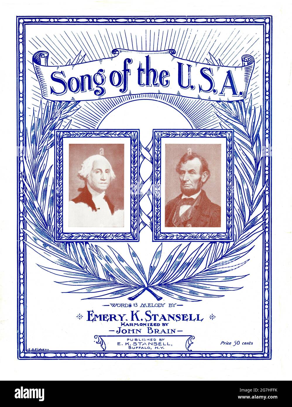 Canzone degli Stati Uniti, 1915 spartiti musicali con illustrazioni/ritratti di George Washington e Abraham Lincoln. Foto Stock