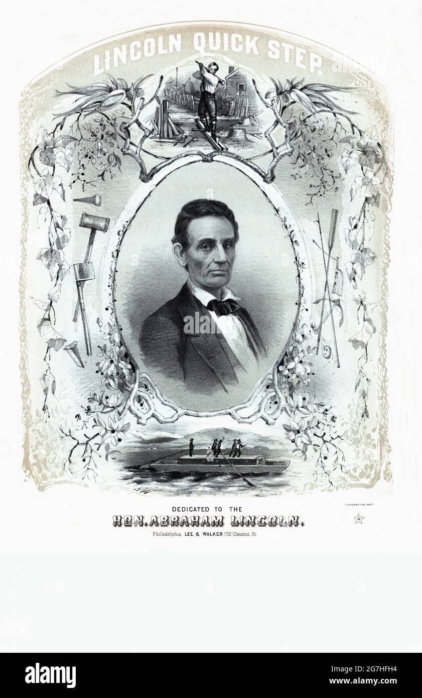 Lincoln Quick Step, 1860 Presidential elettorale campagna spartiti music con illustrazione/ritratto di un Abraham Lincoln senza barba & vignette della sua vita. Foto Stock