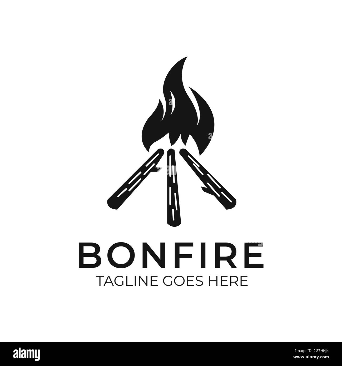Illustrazione creativa legno e fiamma / Bonfire per Camping Logo Design Foto Stock