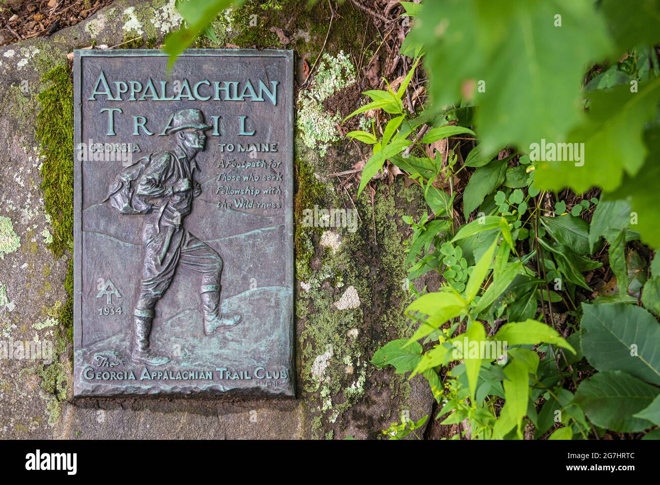 Appalachian Trail trailside placca di bronzo a Neels Gap sul lato orientale di Blood Mountain vicino a Blairsville, Georgia. (STATI UNITI) Foto Stock