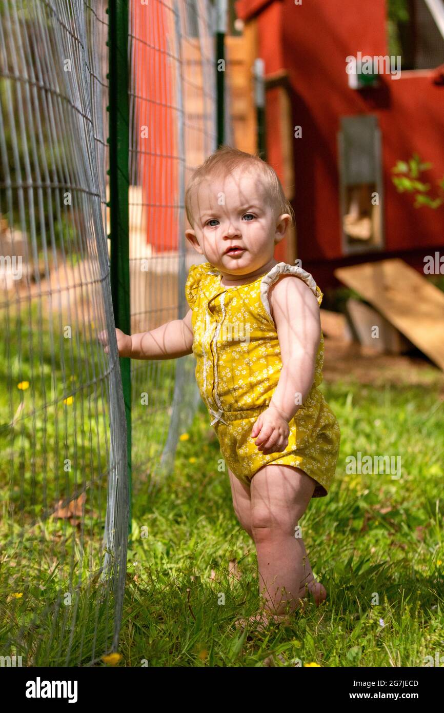 Una bambina gioca tra fiori selvatici in un giardino. Foto Stock