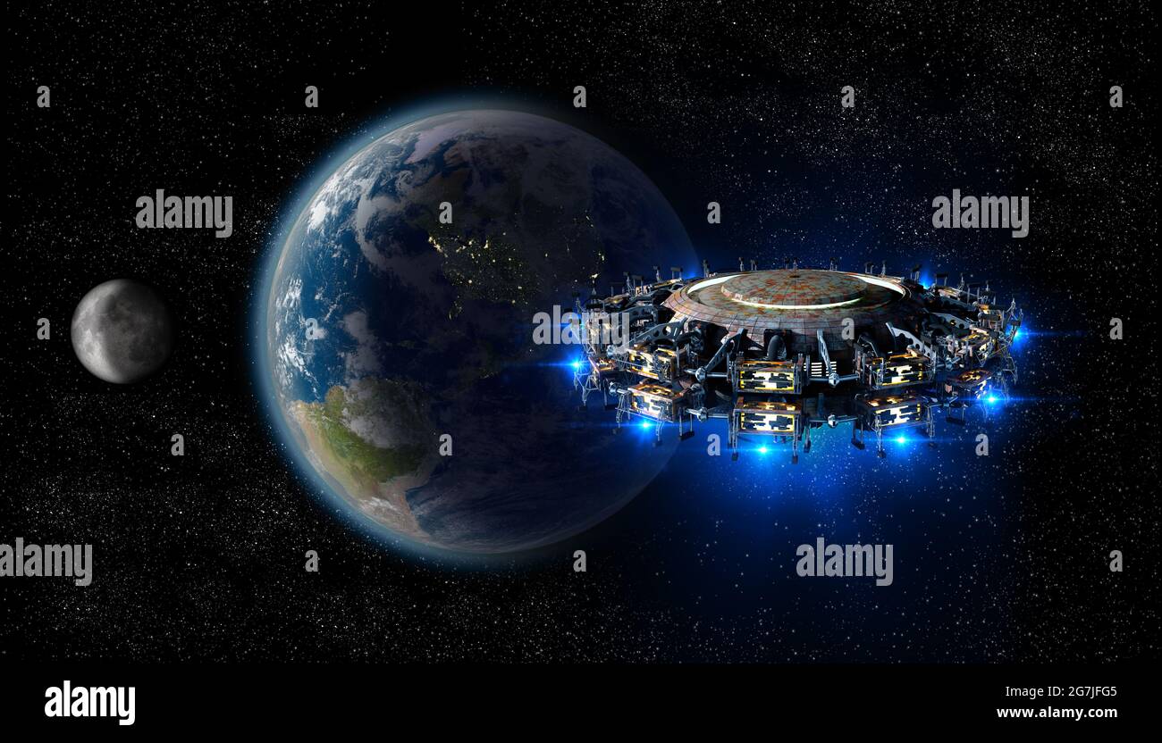 Illustrazione 3D di astronavi alieni con luci blu che si avvicinano alla Terra, per viaggi futuristici interstellari, o fantasy war-games sfondi. Elementi di Foto Stock